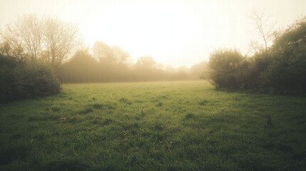 Obraz premium Morning Mist in the Meadow: A serene and ethereal landscape photograph, capturing the soft glow of dawn as mist blankets a lush green meadow. The sunlight filters through the trees.