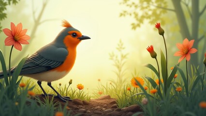 Obraz premium The image is a digital illustration of a bird standing on a rock in a garden. The bird is facing towards the right side of the image and is surrounded by orange flowers and green plants.