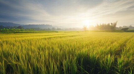 Fototapeta premium Golden Hour Harvest: Serene sunrise over a vast, golden wheat field. The sun's rays illuminate the landscape, creating a breathtaking scene of natural beauty and abundance. 