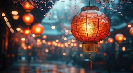 Chinese New Year scene with red lanterns hanging in the streets of an ancient Chinese city at night, cherry blossoms blooming, and rain gently falling, ideal for Chinese New Year promotions