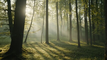 Naklejka premium Sunbeams Through Misty Forest: A serene forest bathed in ethereal morning light, with sunbeams piercing through the mist and casting long shadows on the lush green undergrowth. 