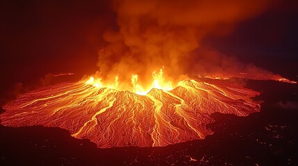 A molten volcanic landscape, rivers of lava flowing across scorched land, fiery orange and red hues in the sky, intense heat rising from the surface, destructive and raw mood