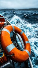 Orange life ring secured on boat railing as waves crash around. Rough seas and stormy atmosphere emphasize maritime safety and preparation for emergencies.