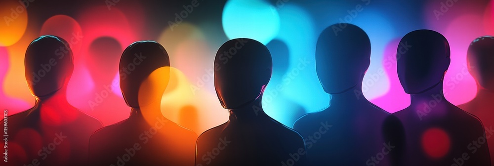 Poster abstract faceless avatars with colorful bokeh background for customizable text and mockup purposes. 