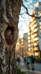 Fototapeta premium Nest rests in tree crook in busy city park. Blends serene wildlife with vibrant urban activity, showcasing nature's persistence.