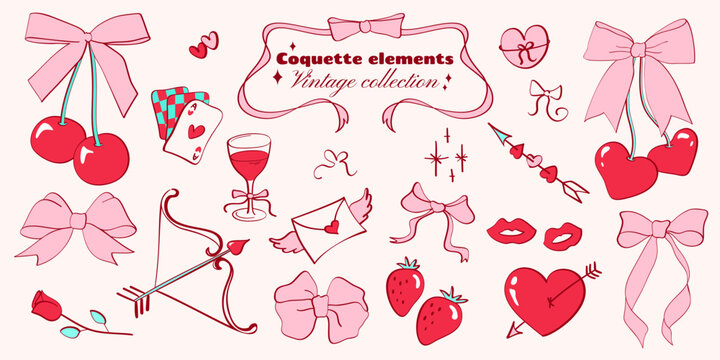 Set of love themed coquette elements. Vintage hand drawn icons of ribbon bows, hearts, cherries, roses, cards, strawberries, cupid arrows. Decoration for Valentine's Day, wedding, romantic designs.