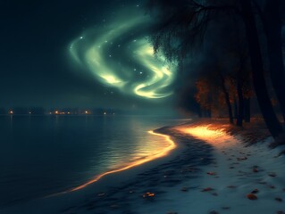 Night Scene Aurora Borealis Over Lake and Forest