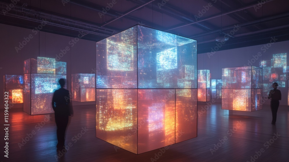 Fototapete Floating cubes display abstract text and symbols in a vibrant indoor art installation at an innovative gallery during evening hours. Generative AI