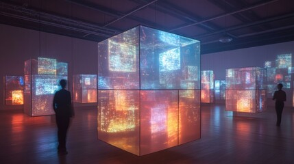 Floating cubes display abstract text and symbols in a vibrant indoor art installation at an innovative gallery during evening hours. Generative AI