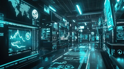 Fototapeta premium A futuristic stock market trading floor with holographic charts and currency symbols.