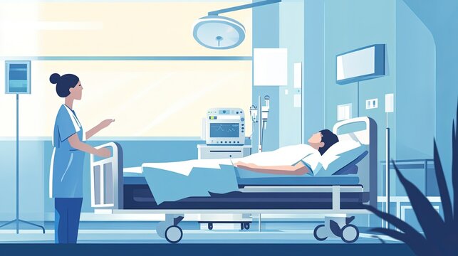 A flat vector of a nurse taking care of a patient in a hospital room.