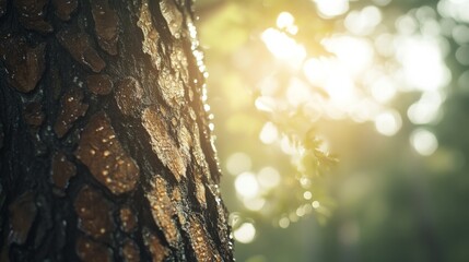 Obraz premium Redwood tree towering above, close-up of bark with small water droplets, soft sunlight. generative ai