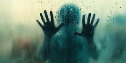 Silhouette of a person behind a foggy glass, hands pressed against the surface, eerie atmosphere, mystery and fear, abstract, copy space, selective focus

