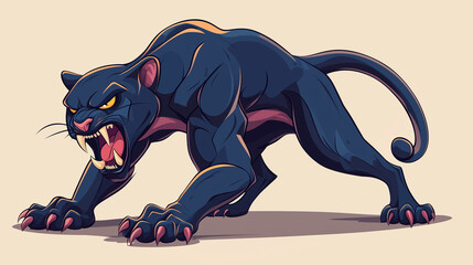 Obraz premium Crouching black panther in an aggressive pose with bared fangs and sharp claws, depicted in bold digital art