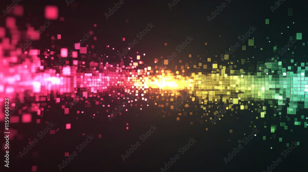Aufkleber Abstract glowing mosaic with pixelated elements illuminating a vibrant spectrum of colors from pink to green. Generative AI