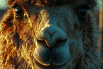 Detailed llama face closeup dramatic sidelighting warm tones rustic background