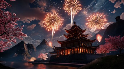 Fototapeta premium Traditional asian festival celebration with fireworks at historic temple serene landscape nighttime cultural experience