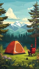 A serene camping scene with a tent, mountains, and a person enjoying nature.