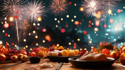 Festive table setting for chinese new year celebration urban location food photography nighttime atmosphere colorful viewpoint