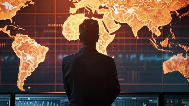 Military chief standing with arms crossed, observing world map displayed on multiple screens in a situation room, monitoring global events and assessing potential threats