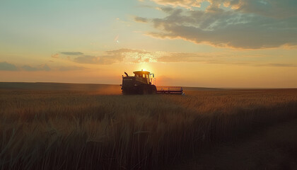 Harvester working in wheatfield at sunset. Harvest ripe wheat. Agriculture and farming