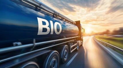 Front-on view of a bio-fuel truck with "BIO" text on the tank, bright sunlight highlighting the truck clean lines, blurred background of a bustling highway, dynamic yet serene mood
