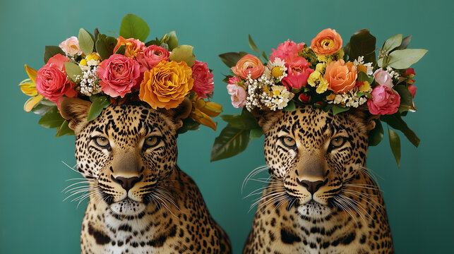 Two leopards adorned with vibrant floral crowns against a teal background, blending elegance and wildlife