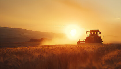 Fototapeta premium Harvester working in wheatfield at sunset. Harvest ripe wheat. Agriculture and farming