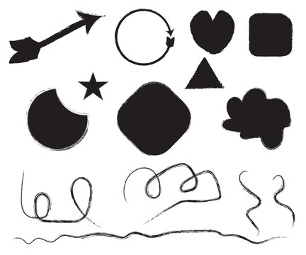 Line shape marker underline, arrow, heart brush element set. Hand drawn sketch marker underline shape, arrow, heart scribble brush pen stroke element. Crown, love graphic icon. Vector illustration	