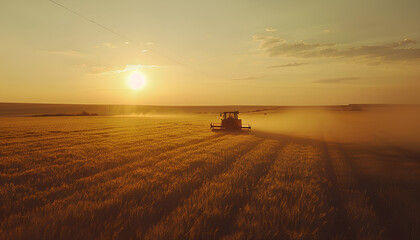 Harvester working in wheatfield at sunset. Harvest ripe wheat. Agriculture and farming