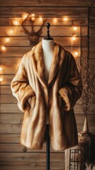 Naklejka premium Elegant fur coat displayed on mannequin in rustic setting with warm lighting