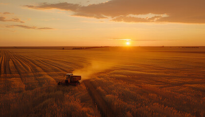 Fototapeta premium Harvester working in wheatfield at sunset. Harvest ripe wheat. Agriculture and farming