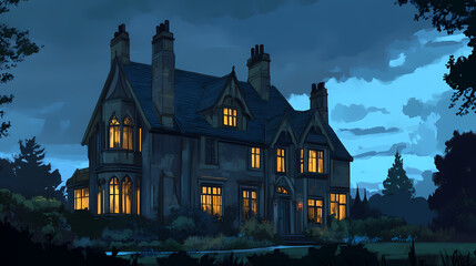 Gothic mansion at dusk under stormy skies, lit windows suggest mystery or elegance, ideal for spooky themes. Twilighted. Illustration