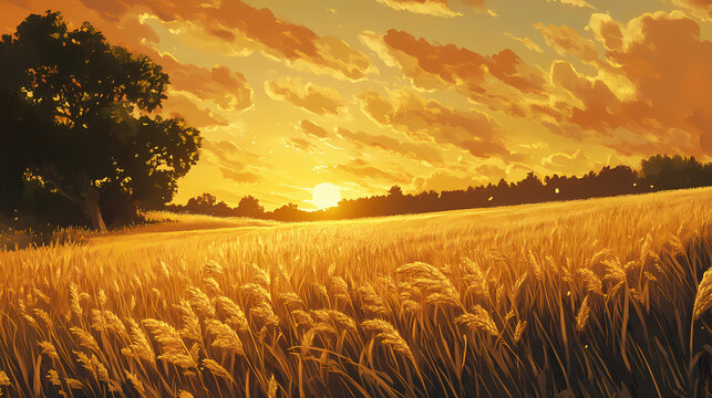 Golden cornfield sunset, nature , photography , landscape , agriculture. Twilighted. Illustration