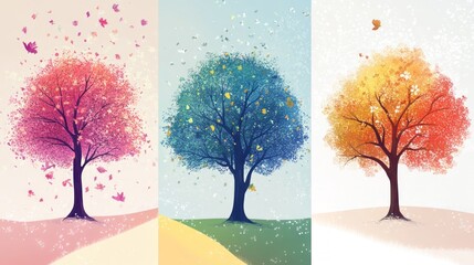Three trees in different seasons, colorful, with falling leaves.