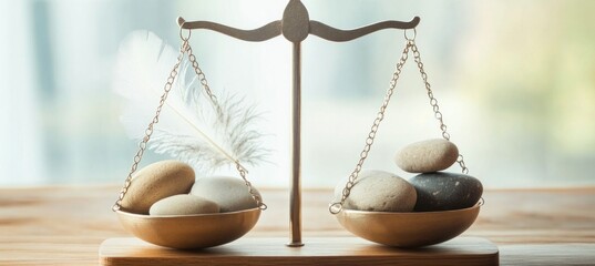 Balancing feather and stones on a scale, concept of weight and lightness