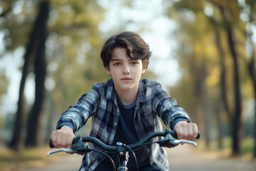 Obraz premium A handsome 14-year-old European teenage boy rides a bicycle in the park. Leisure, cycling. Advertising banner.