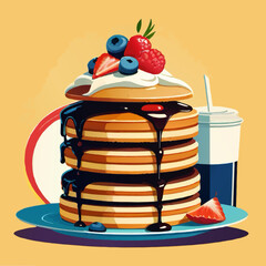 pancakes with fruits and beverage cartoon vector