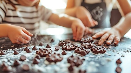 Group of young children baking cookies, chocolate chips scattered across the table, glowing soft light enhancing the warmth, blurred chalkboard background with hand-drawn cookie patterns, cozy and fun