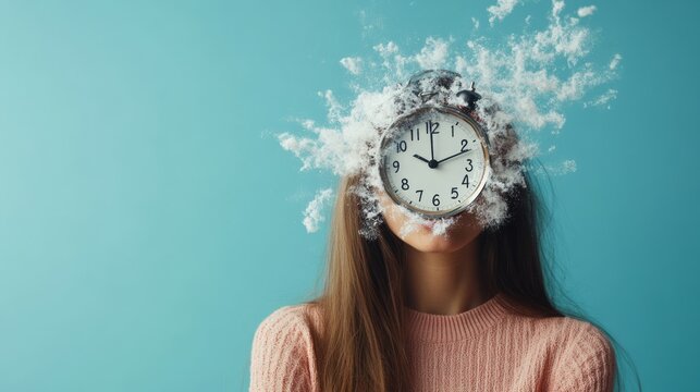 Time-faced woman with exploding feathers on blue.
