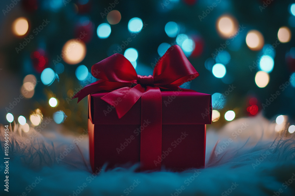 Poster red gift box with bow in front of festive lights on fluffy surface