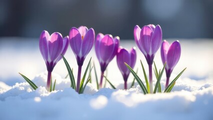 A group of vibrant purple crocus flowers emerges from the snow in a bright, outdoor scene. Concept...