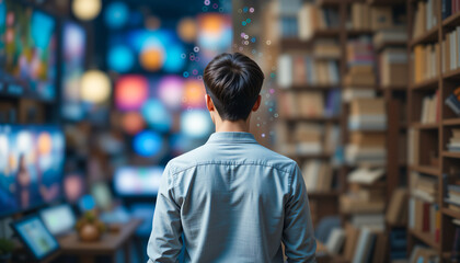 Fototapeta premium Student contemplating the choice between digital information overload and traditional library books, illustrating the evolving landscape of education and the pursuit of knowledge.