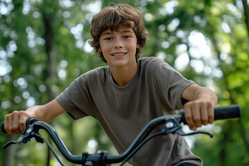 Obraz premium Close-up of a beautiful 14 year old European teenage boy riding a bicycle in the park during the day. Leisure, cycling. Advertising banner.