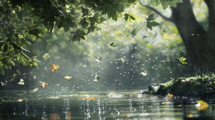 Fototapeta premium Sycamore leaves fluttering in the air, soft water droplets shimmering in the soft afternoon light. generative ai