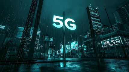 Artistic neon 5G logo integrated into a cyberpunk cityscape, glowing advertisements and rain-slicked streets, dramatic reflections and moody lighting, immersive and edgy vibe