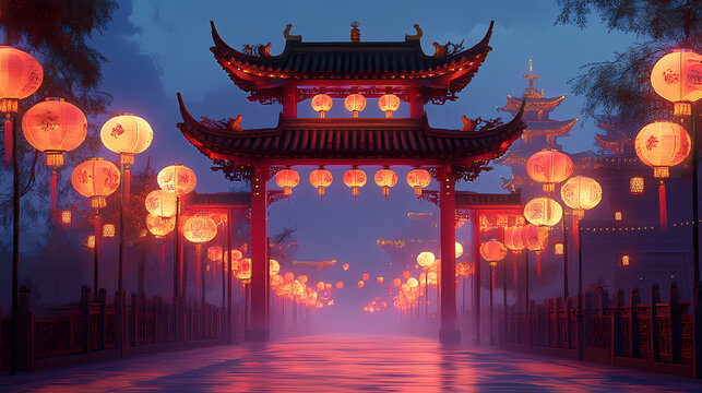 Chinese style arch with lanterns, illuminated at dusk, creating mystical atmosphere. vibrant colors and intricate designs evoke sense of cultural heritage and beauty. Twilighted. Illustration