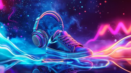 Stylish headphones floating above a pair of sneakers, radiating sound-absorbing waves, gym background with vibrant neon signs, cutting-edge and vibrant aesthetic