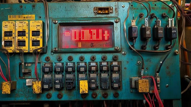 The interior of a machines control panel with colorful wires circuit breakers and a digital readout displaying an error code in bright red.
