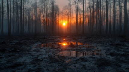 Sunset casts warm glow over burnt forest and reflective puddles in serene landscape